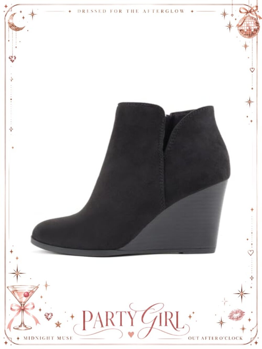Imitation Suede Mid Ankle Bootie with Split Shaft and Zipper Stacked Wedge Heel
